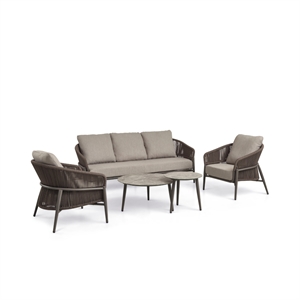 Flores loungesæt - 3 pers. sofa + 2 loungestole + 2 loungeborde - Brown melange - Glaskeramisk bordplade